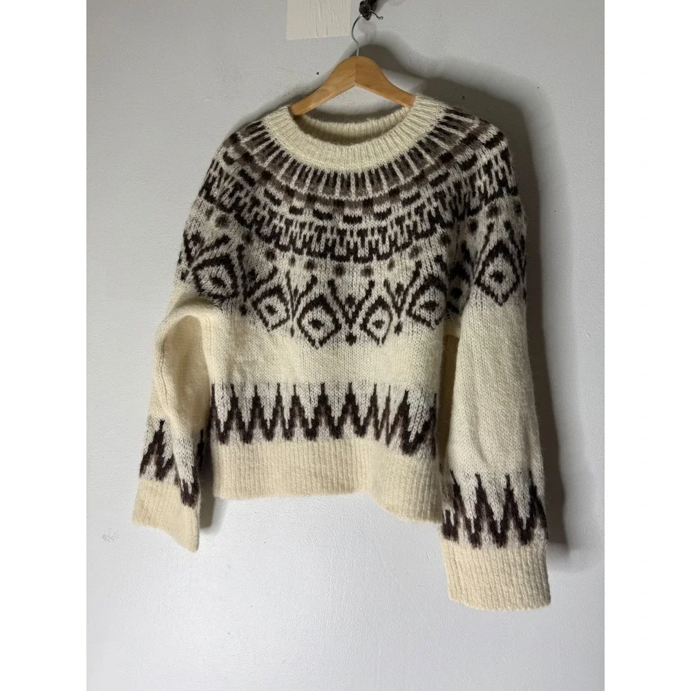 Madewell fair isle boxy sweater white brown merino wool blend small NWT
